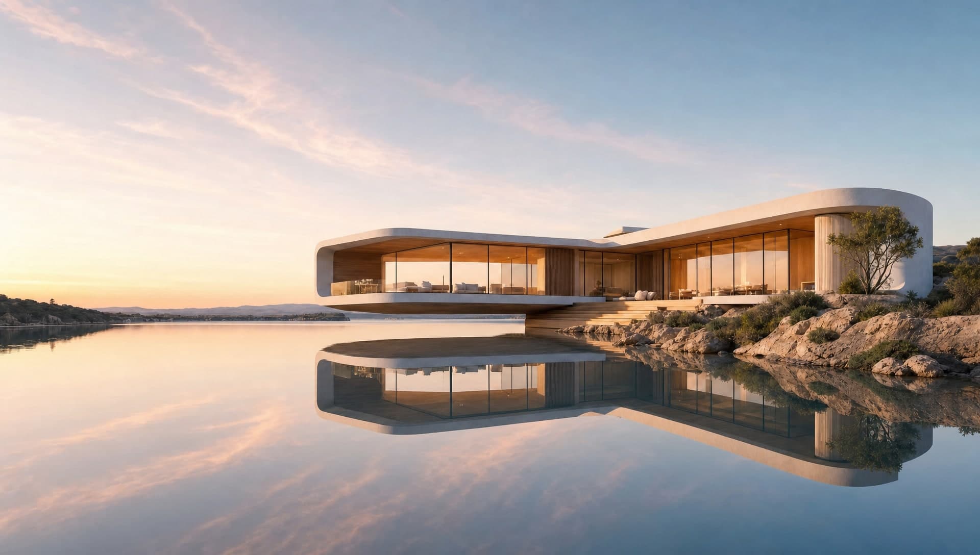 The house at dawn, lit from within