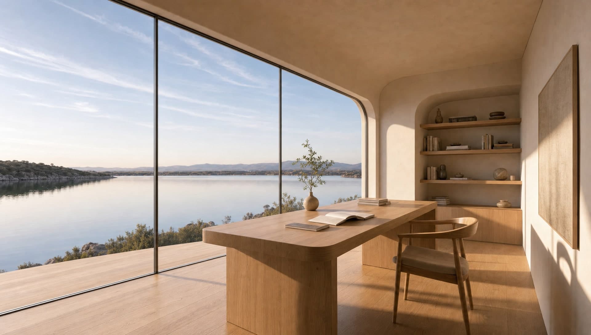 A desk beside a tall window with morning light across it