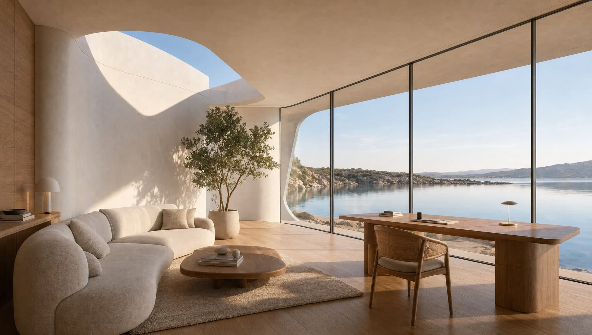 A sunlit room inside the house, light falling across pale oak
