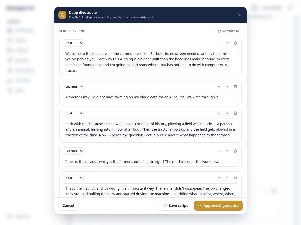 The deep-dive studio with an editable two-voice script