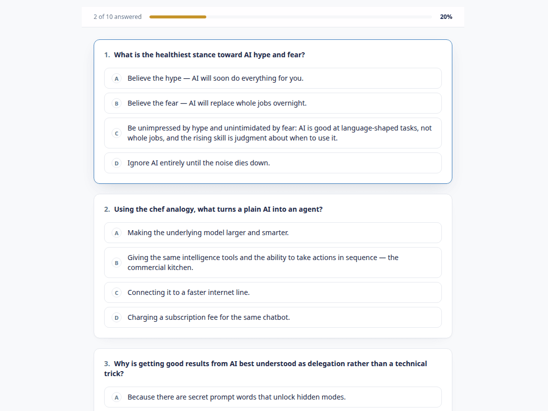The built-in final exam — question cards and a progress bar