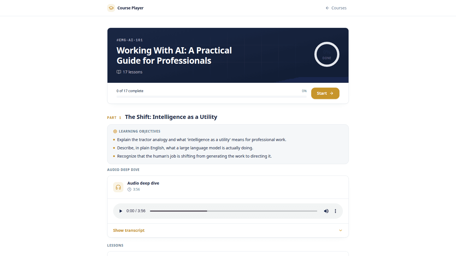 The working-with-ai sample course player with the audio deep-dive bar